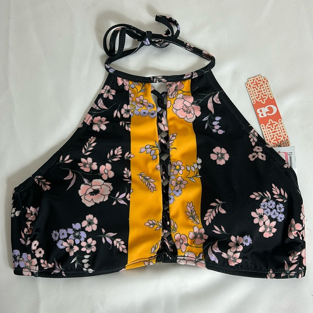GB Women’s Size Large Black Yellow Floral Pattern Spandex Halter Top Waterproof